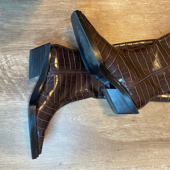 Zara Dark Brown Croc Embossed Knee-High Boots - Picture 6 of 14
